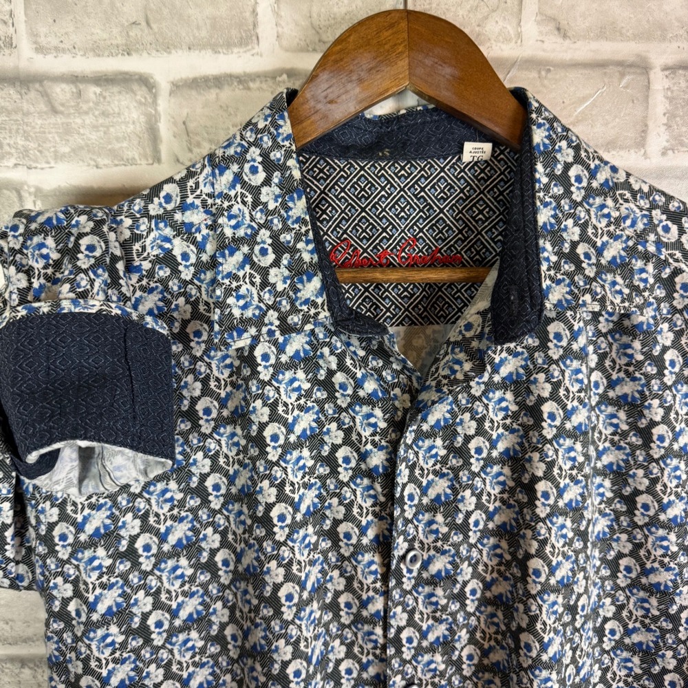 Robert Graham Tailored Fit Floral Long Sleeve Button Down Shirt Blue White XL
